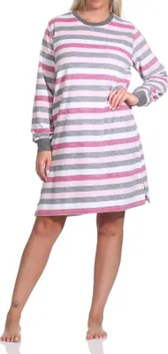 Zdjęcie produktu dla Damska koszula nocna frotte z długimi rękawami i mankietami w paski - również w rozmiarach plus size; czerwony.56/58