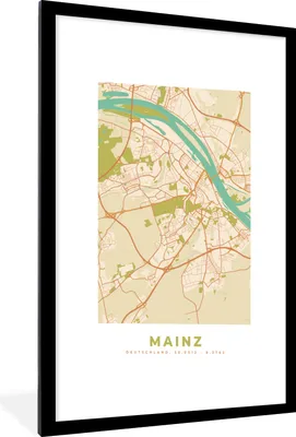 Produktbild von MuchoWow® Gerahmtes Poster Karte - Mainz - Karte - Vintage - Stadtplan 60x90 cm - Poster mit Schwarzem Bilderrahmen Wandposter Rahmen Foto Bilder - Dekoration - Wandposter Wohnzimmer - Hochwertig