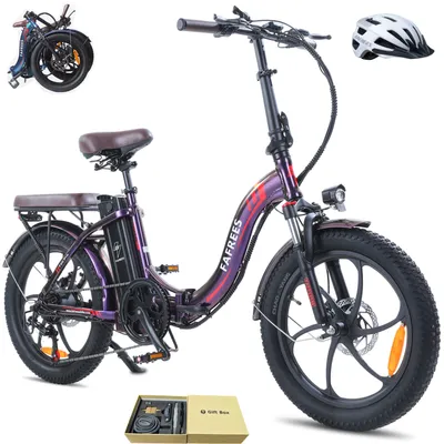 A purple electric folding bicycle is shown with a helmet and a gift box.