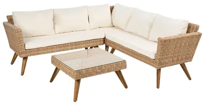 Produktbild von BELIANI Gartenmöbel Set Hellbraun und Cremeweiß Rattan 6-Sitzer Ecksofa mit Holzbeinen Couchtisch Auflagen Rustikales Terrassen Garten Lounge Set