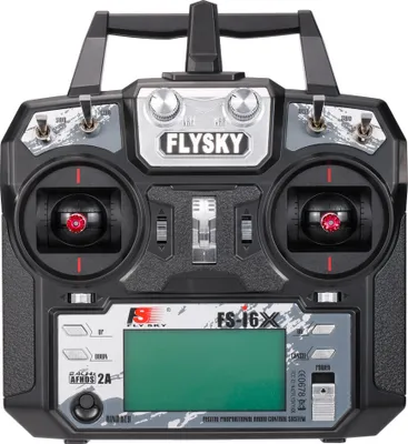 A close-up, front-facing studio shot of a black and gray RC remote control transmitter.