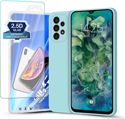 Produktbild von Hülle für Samsung Galaxy A23 5G mit 9H Displayglas Displayschutz Plus Case Cover Bumper Silikon Softgrip Schutzhülle Farbe: Hellblau