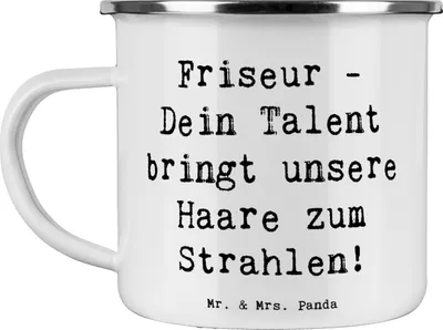 Produktbild von Mr. & Mrs. Panda Emaille Becher Spruch Friseur Talent - Weiß - Geschenk, Aufmerksamkeit, Kaffeepott, Magie, Vertrauter, Tasse, Engagement, Teetasse, persönliches, Pott