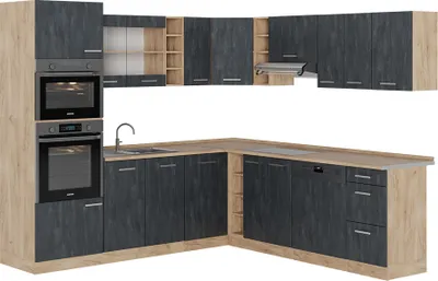 Produktbild von Eckküche Vicco R-Line Schwarz Beton/Goldkraft Eiche 247 x 60 cm AP Eiche, Model 47385