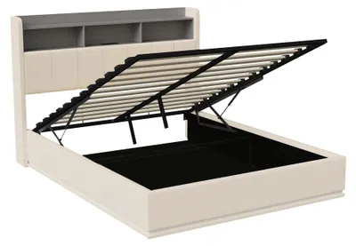 Immagine prodotto di Letto matrimoniale imbottito con spazio contenitore - 140 x 190 cm - Contenitore a sollevamento idraulico - Testiera con vano portaoggetti - Rivestimento in velluto - Colore beige