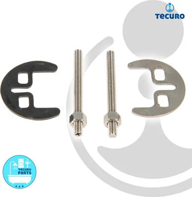 A set of plumbing mounting hardware, including bolts and brackets, is displayed against a light gray and white background.