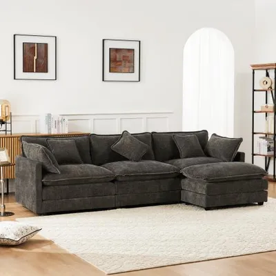Produktbild von STILVORA Schlafsofa mit Armkissen&Lendenkissen,Ecksofa Dreisitzer mit Fußstütze,Polstermöbel aus Chenille-Stoff für Wohnzimmer, Schlafzimmer&Wohnung,Dunkelgrau