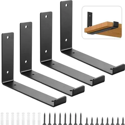 Produktbild von Unyqoos® 4er-Set schwarze Regalwinkel aus Eisen 30 x 4 x 14 cm – schwere wandmontierte Metall-Träger mit schwarzer Epoxidbeschichtung