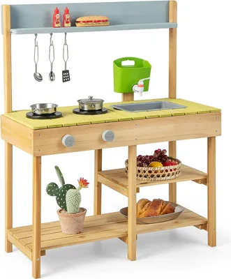 Produktbild von hölzerne Matschküche Outdoor für Jungen und Mädchen, Kinder Outdoor-Küche Spielset mit Wassertank und Waschbecken, Kindermatschküche draußen aus Tannenholz