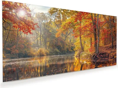Produktbild von Glasbild 80x40cm in XXL für Wohnzimmer, Schlafzimmer Motiv Herbstwald See