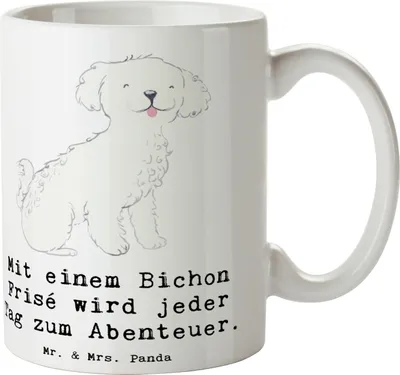 Produktbild von Mr. & Mrs. Panda Kaffeebecher Bichon Frisé Abenteuer - Weiß - Geschenk, Becher, freundliche Hunde, Hunderassen Beschreibung, Tasse, Hunderasse, Pflege, Teetasse, bedruckt