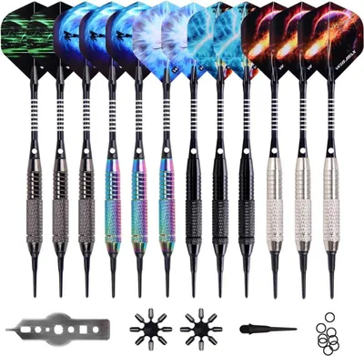 Produktbild von WIN.MAX Dartpfeile Kunststoffspitze 12 Stück Soft Darts Set 18 Gramm Professionelle Softdarts Regenbogen/Schwarz/Splitter