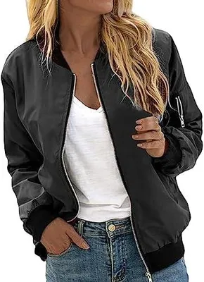 Produktbild von Damen-Bomberjacke als kurze Blouson-, Piloten- und Fliegerjacke mit langen Ärmeln, Reißverschluss und schlichtem Design, leichte Übergangsjacke für Frühling und Sommer