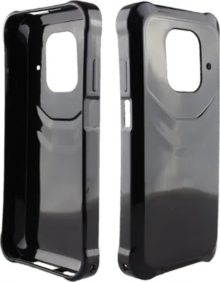 Two views of a black phone case against a white background.