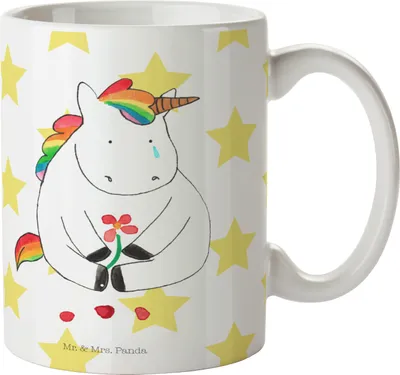 Produktbild von Mr. & Mrs. Panda Tasse Einhorn Traurig - Weiß - Geschenk, Becher, Liebe, Unicorn, Grußkarte, Kaffeebecher, Blume, Einhörner, Kaffeetasse, Trauer, Teetasse, design