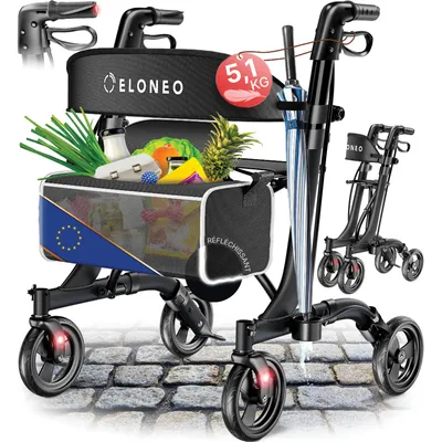 Image de Déambulateur pliable ELONEO Premium, léger, avec siège, déambulateur ultra-léger, aide à la mobilité, poids : 5,1 kg