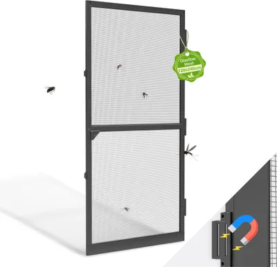 Obrázek produktu pro LARS360 Černá síť proti hmyzu Síť proti hmyzu 120 x 240 cm Hliníkový rám Mřížka Síť proti hmyzu Síť proti hmyzu Magnetický uzávěr Lamely Balkónové dveře Síť proti hmyzu Balkónové dveře