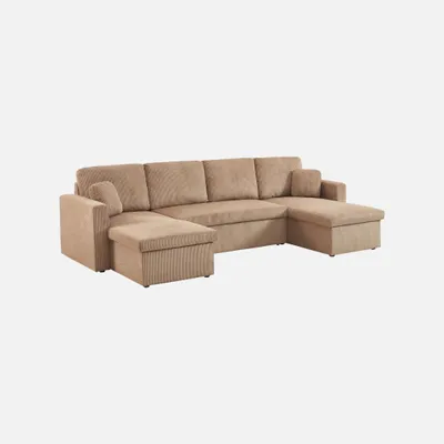 Immagine prodotto di sweeek - Divano a 4 posti con funzione letto, vano portaoggetti e rivestimento in velluto a coste - Beige scuro