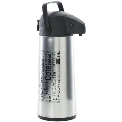 A stainless steel thermal carafe with a black lid and handle, decorated with text related to coffee and tea.