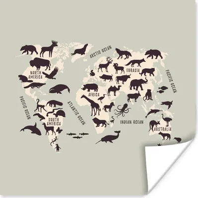 Produktbild von MuchoWow® Poster Weltkarte Kinder - Tiere - Beige 100x100 cm - Babyzimmer