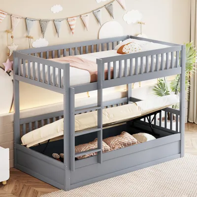 Image de MODFU lit pour enfants 90x200 cm, lit superposé avec système de rangement hydraulique, cadre double avec échelle et barrière, gris, sans matelas