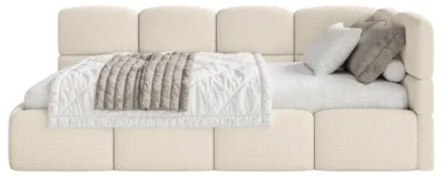 Produktbild von Selsey Cloudy – Jugendbett 90x200 cm, rechtsseitig mit Bouclé-Bezug, Hellbeige