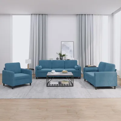 Produktbild von vidaXL 3-tlg. Sofagarnitur mit Kissen Blau Samt