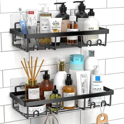 Produktbild von Schwarze Badezimmerplank 2er Set, Selbstklebend, Wandorganizer