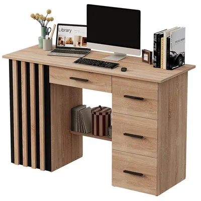 Obrázok produktu pre Počítačový Stôl S Lamelami – Moderný Loft 120 Cm So 4 Zásuvkami A Poličkou