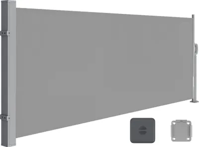 A grey retractable side awning is shown against a white background. Two small accessory pieces are shown in the bottom right corner.
