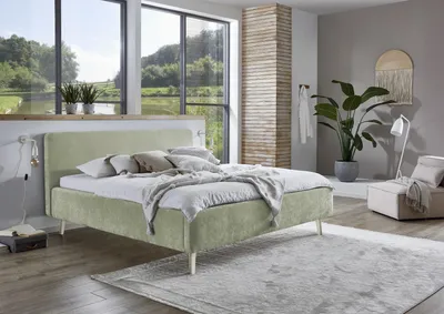 Produktbild von Meise Möbel Polsterbett Mattis 180x200 cm | Doppelbett | Bettgestell | skandinavisches Kopfteil | Strukturstoff Hellgrün | Holzfuß sandfarbig