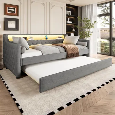 Produktbild von Daybett, Tagesbett, Schlafsofa mit LED Beleuchtung, USB, Bett mit ausziehbarem Bett und Lattenrost, Leinen, ohne Matratze, Grau, 90x200 cm