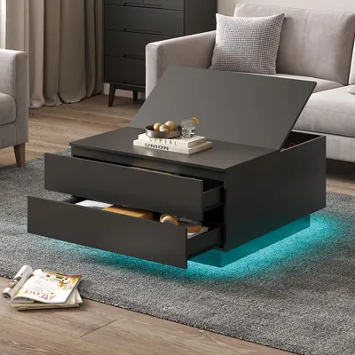 Produktbild von Radelldar Couchtisch Wohnzimmertisch, mit LED-Beleuchtung  Beistelltisch mit 2 Schubladen und aufklappbarer Tischplatte, 78x78x40cm, Schwarz