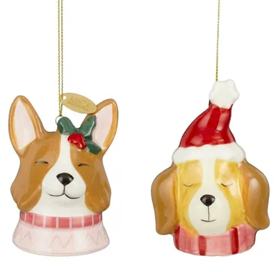 Zdjęcie produktu dla Zestaw dekoracji Mica Decorations "Cadeau" - pies, różowy i brązowy, 2 sztuki - świąteczne ozdoby z dolomitu z zimowymi motywami - małe ozdoby choinkowe do świątecznej dekoracji - wymiary: 7 cm (wysokość) x 5 cm (średnica)
