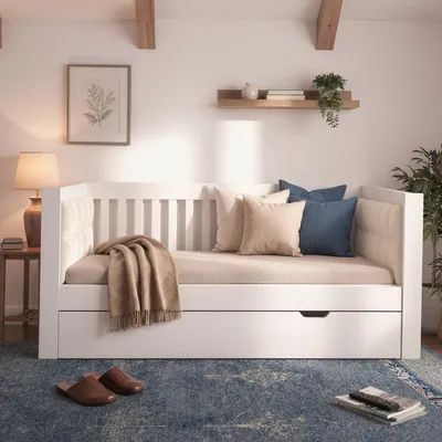Produktbild von Schlafsofa 90x190 cm Weiß mit 2 Schubladen aus Holz Tagesbett mit abgerundeten Armlehnen und Rückenlehne für kleine Apartments Ohne Matratze