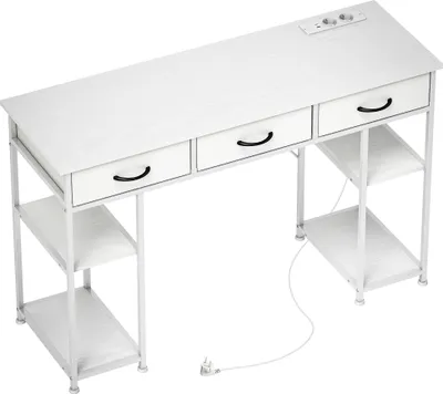 Produktbild von Schreibtisch Küchentisch mit 2 USB-Ladeanschlüssen 2 Steckdosen verstellbare Regale 3 Stoffschubladen 120x40x76 cm Weiß