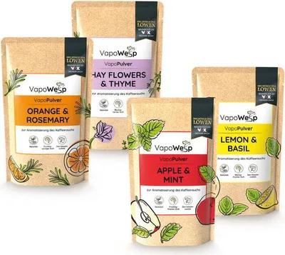 Produktbild von VapoWesp Pulver-Set 4 Sorten je 100g Orange & Rosemary, Apple & Mint, Lemon & Basil, Hay Flowers & Thyme Aromatischer Duft für VapoWesp Räucherbox