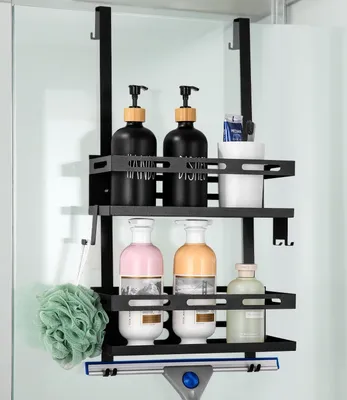 Produktbild von Duschablage zum Hängen, 2 Etagen, ohne Bohren, für rahmenlose Glasduschen, mit 2 Körben & Glaswischerhalter, schwarz
