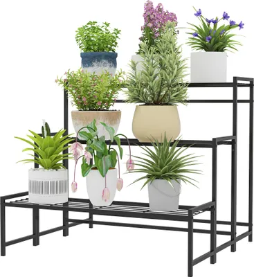 Produktbild von 3-stufiger Blumentopfständer aus Metall, Treppenform für Innen & Außen, Schwarz – Pflanzenständer für Balkon, Terrasse und Garten