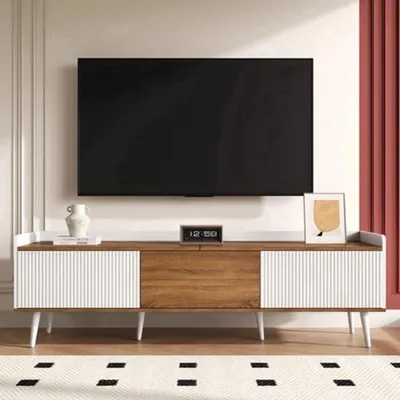 Image de Meuble TV - Compact 160 cm - Bois blanc - Meuble avec trois portes - Table basse TV