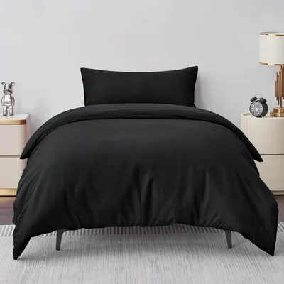 Produktbild von Bettwäsche-Set 155x220 cm 2-teilig Schwarz Mikrofaser mit Reißverschluss und Kissenbezug 40x80 cm