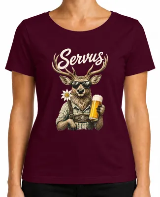 Productafbeelding van Servus Hirsch Lederhosen, Bier, Edelweiß, traditioneel shirt, Dirndl, dames T-shirt, bordeauxrood, maat XL