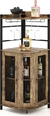 Produktbild von Weinschrank mit Weinglasablage, Industrieller Barschrank mit Metallgittertüren & verstellbarem Regal, Küchenschrank mit Kippschutz, für Küche, Esszimmer, Bistro, 47,5 x 47,5 x 130 cm