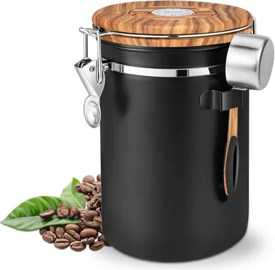 Immagine prodotto di Contenitore per chicchi di caffè, nero, in acciaio inossidabile 304, con valvola e misurino, ideale per l'ufficio