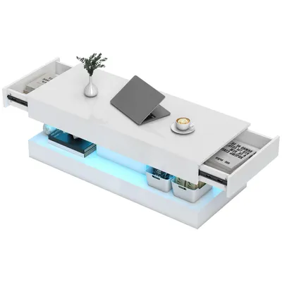 Produktbild von Wohnzimmertisch mit Schubladen und LED-Lichtern, moderner Sofatisch mit offener Ablage, Couchtisch, Spanplatte, Weiß
