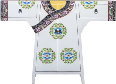 Immagine prodotto di Armadio cinese Kimono dipinto a mano bianco W120xD35xH87cm Armadio cinese da sposa Armadio orientale Mobili asiatici