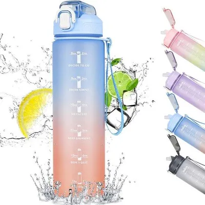 Produktbild von Famanu Sport-Trinkflasche mit Strohhalm und Zeitmarkierung - Blau Ombre