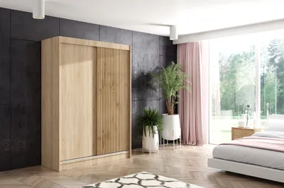 Produktbild von ALTDECOR Kleiderschrank mit Lamel-Schiebetüren, kugelgelagerte Führungsschienen und Aluminium-Leisten - VILO - 150 cm - Sonoma Eiche/Sonoma Eiche/Lamelle Eiche Wotan