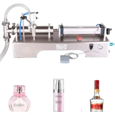 Obrázek produktu pro Pneumatický plnicí stroj na tekutiny, nerezová ocel 304, objem 100–1000 ml, rychlost 40 lahví/min, přesnost ± 1 %, příkon 30 W