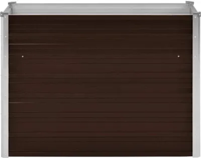 A front view of a brown raised garden bed with a silver frame, set against a white background.